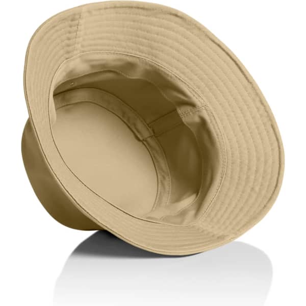 A beige bucket hat with a wide brim and a simple interior design, featuring a logo.