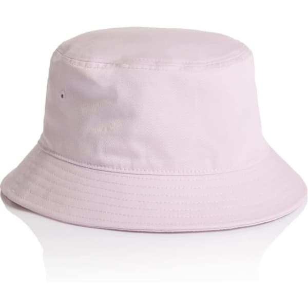 A light pink bucket hat with a wide brim and a simple design, featuring a logo on the side.