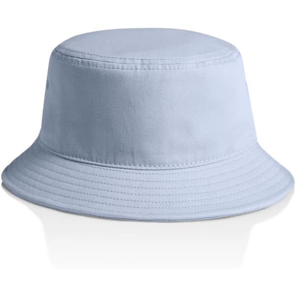 A light blue bucket hat with a wide brim and a simple design, featuring a logo on the side.