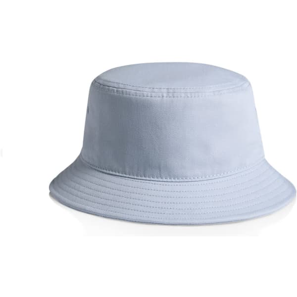 A light blue bucket hat with a wide brim and a simple design, featuring a branding logo.