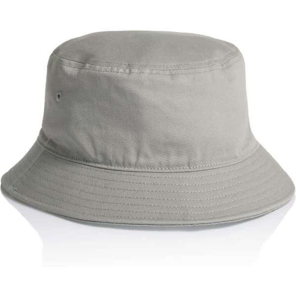 A grey bucket hat with a wide brim and a single ventilation hole, featuring a logo on the side.