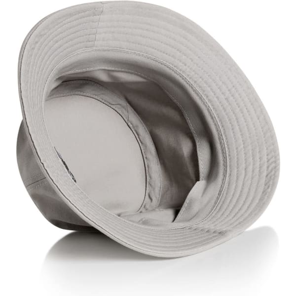 A grey bucket hat with a wide brim and an interior lining, featuring a logo on the inside.