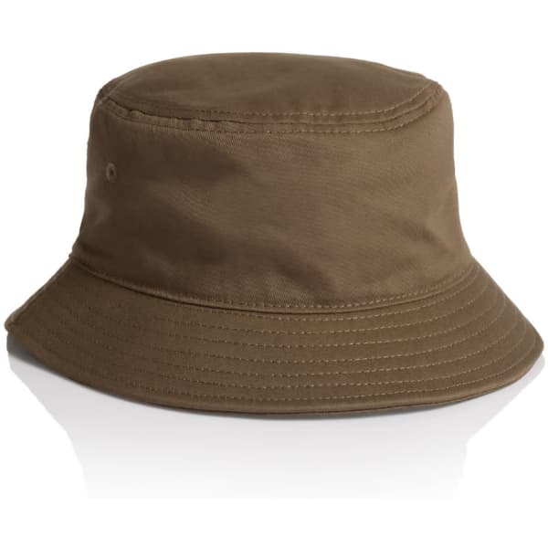 A brown bucket hat with a wide brim and a simple design. It features a small logo.