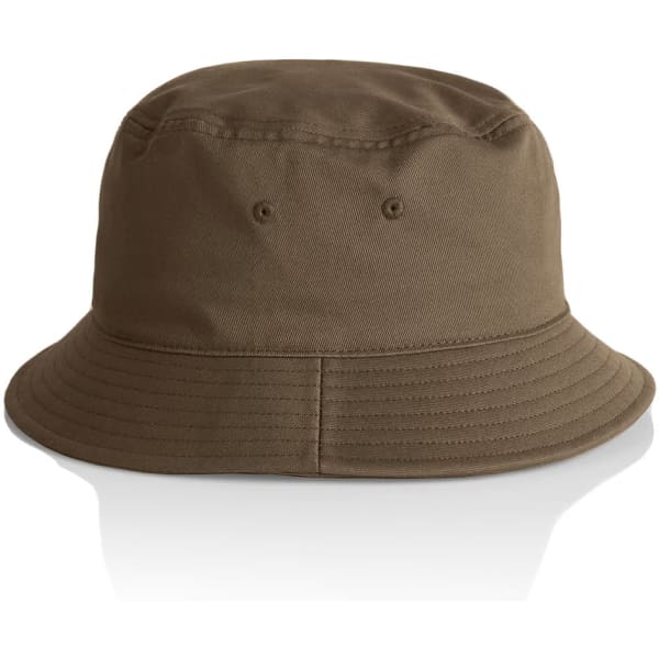 A brown bucket hat with a wide brim, featuring two ventilation holes on the sides. It has a simple design.