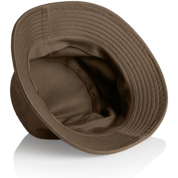 A brown bucket hat with a wide brim, featuring a lined interior and a logo on the inside.