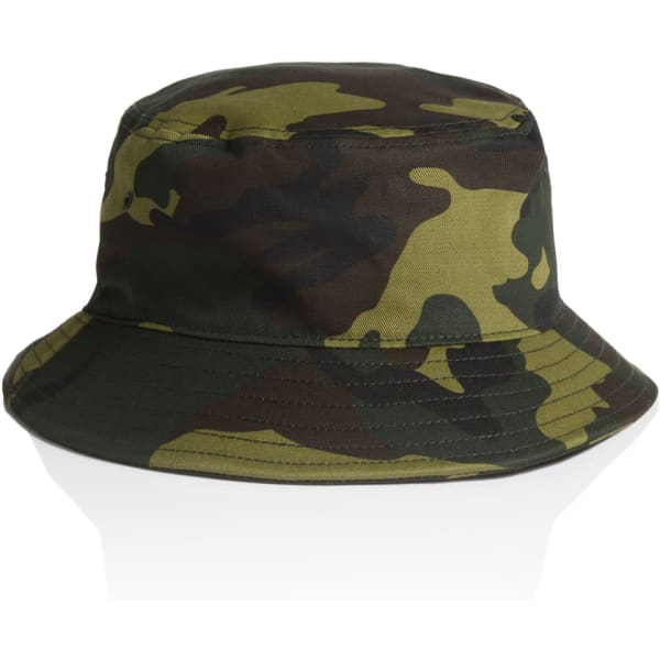 A camo bucket hat featuring green and brown camouflage patterns, with a wide brim and no visible branding.