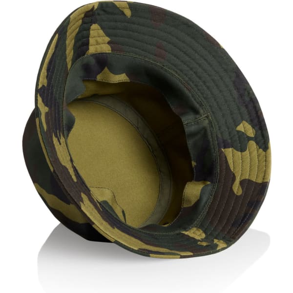 A camo bucket hat featuring green and brown patterns, with a wide brim and a soft interior.