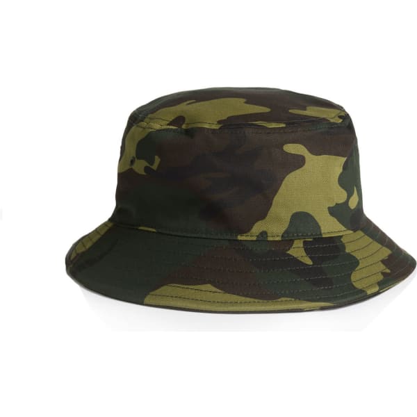 A camouflage bucket hat in various shades of green and brown, featuring a wide brim and a simple design.