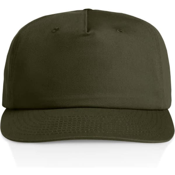 A green cotton cap with a flat brim and a structured design, featuring a logo on the front.