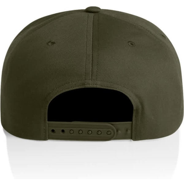A dark green cap with a rear adjustment strap and a logo, featuring a smooth fabric texture.
