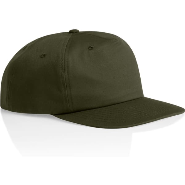 A green cotton cap with a flat brim and a logo on the front. Suitable for casual wear.