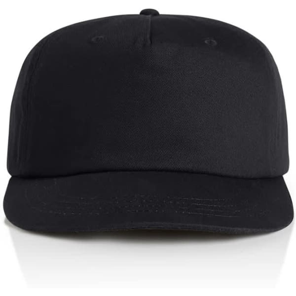 A black cap featuring a structured design and a logo on the front. Suitable for casual wear.