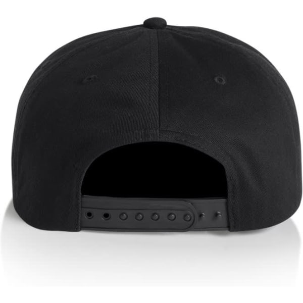A black surf cotton cap featuring a rear snap closure and a smooth surface. It includes branding on the back.