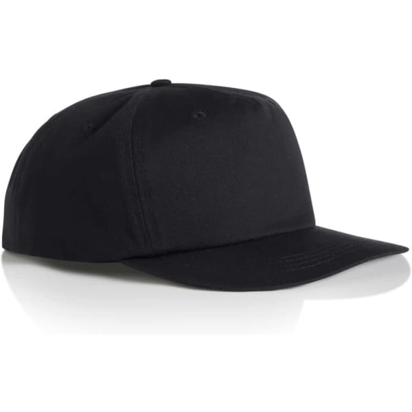A black cotton cap with a structured design and a curved brim, featuring a logo on the front.