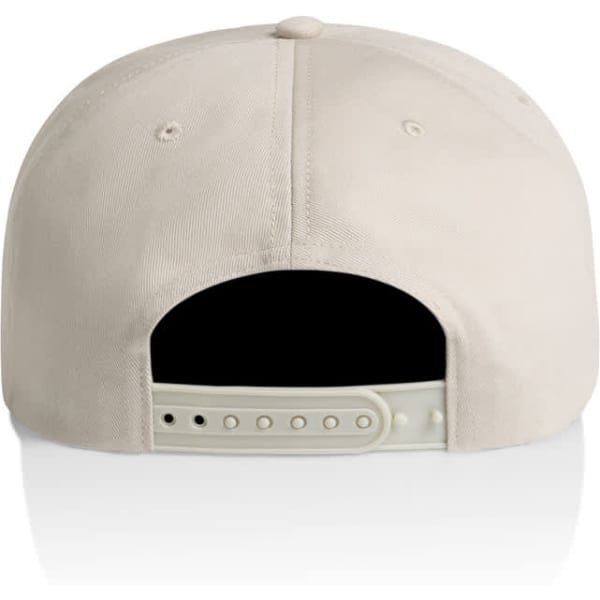 A beige cotton cap with a snapback closure and a logo on the back.