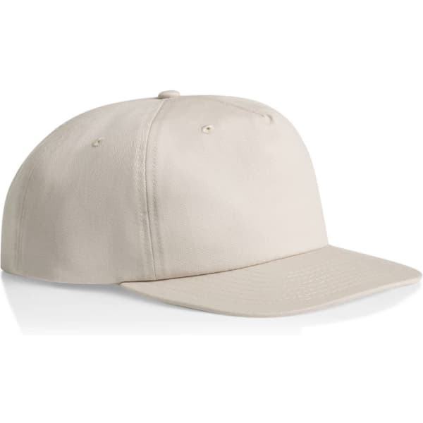 A beige cap featuring a curved brim and a logo on the front, designed for casual wear.