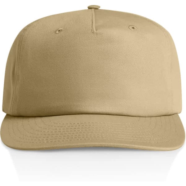 A beige cap with a flat brim and a logo on the front, designed for casual headwear.
