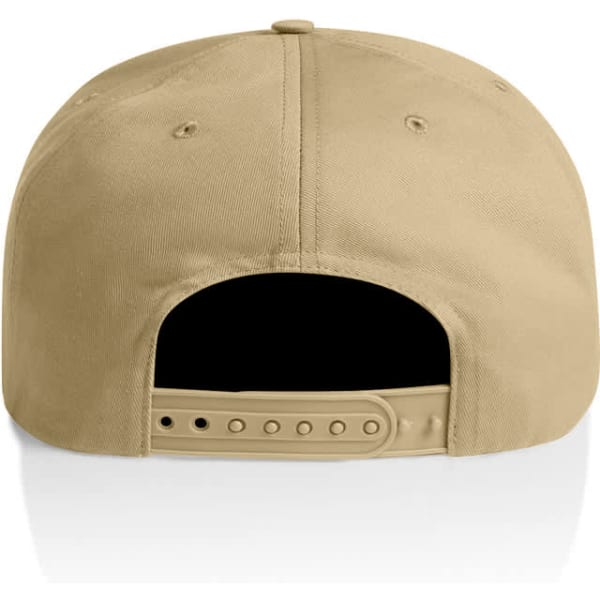 A beige cotton cap with a flat brim and an adjustable strap at the back, featuring a logo.