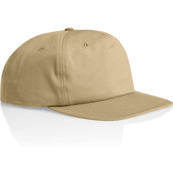 A tan cotton cap with a flat brim and a fitted design, featuring a logo on the front.