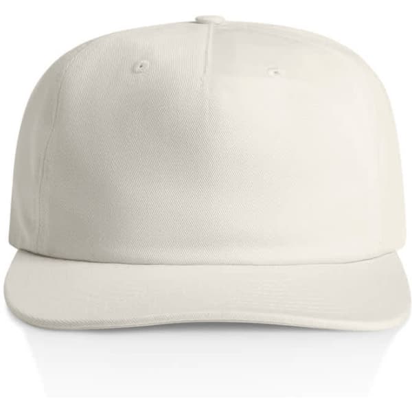 A plain white cotton cap with a curved brim and an adjustable strap at the back. Features a logo on the front.