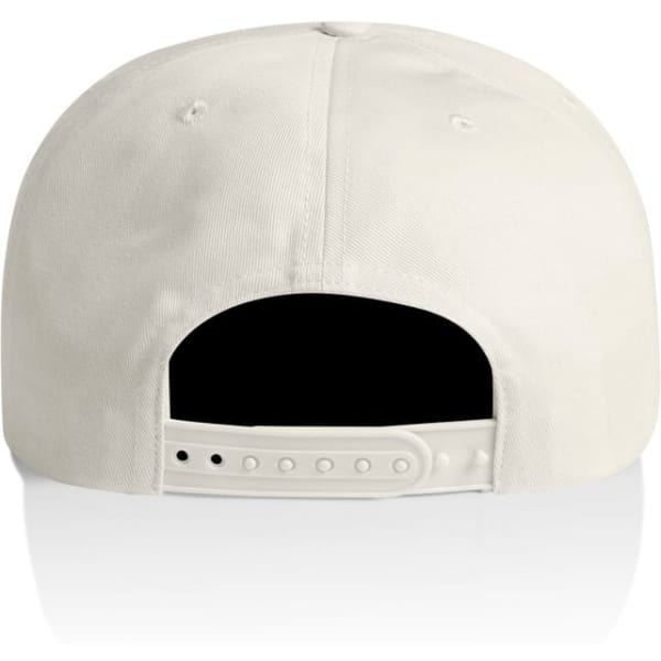 A cream-coloured cotton cap with a plastic snapback closure and a logo on the back.