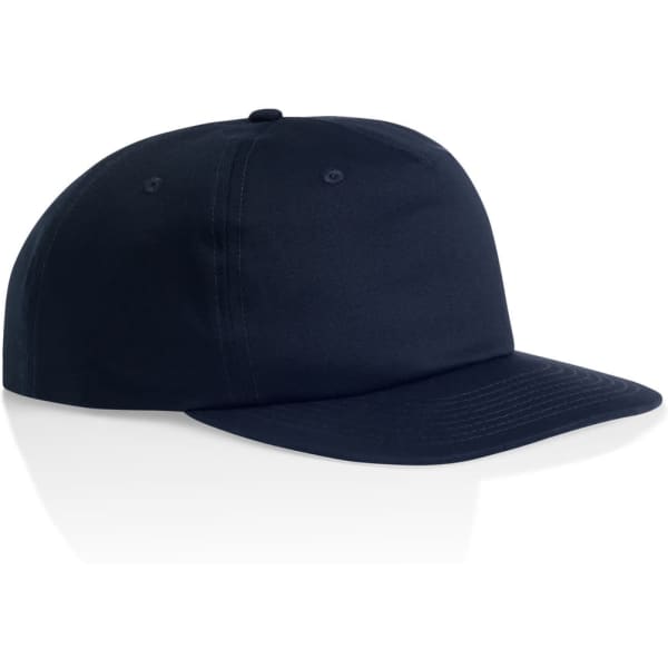 A navy blue cotton cap with a flat brim and a logo on the front.