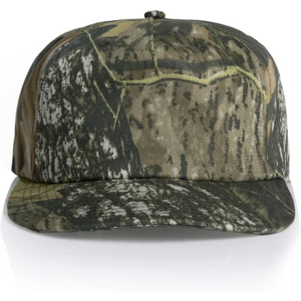 A camouflage cap featuring shades of green, brown, and black with a structured design and a logo on the front.