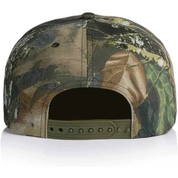 A camo cap in shades of green and brown, featuring a branded logo on the back and an adjustable strap.