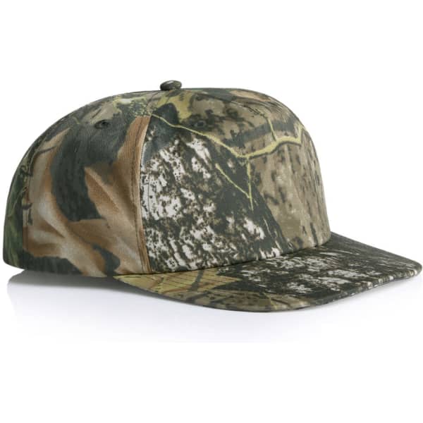 A camo cap featuring a blend of greens, browns, and earthy tones, with a structured design and a logo on the front.