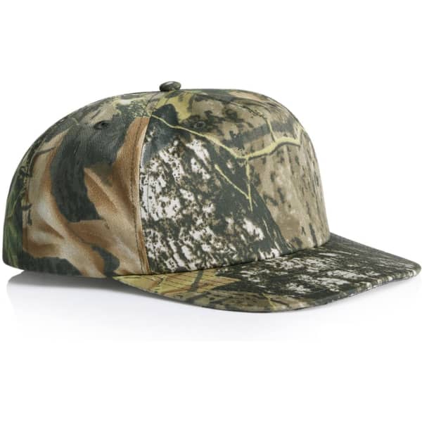 A camo cap in shades of green, brown, and beige with a flat brim and a logo on the side.