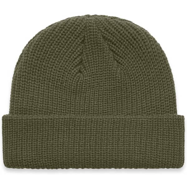 A green knitted beanie with a folded cuff and a textured pattern, featuring a logo on the side.