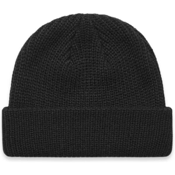 A black beanie with a textured knit design and a folded cuff. It features a small logo.
