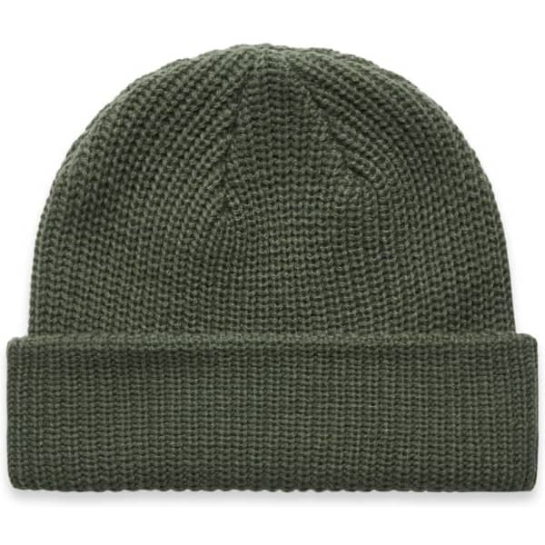 A green knitted beanie with a fold-up brim, featuring a logo on the side.