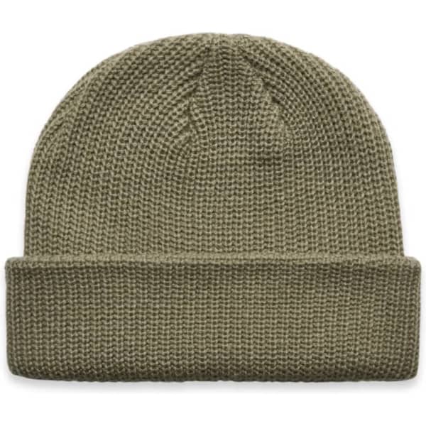 An olive green knitted beanie with a folded cuff and a textured design, featuring a small logo.