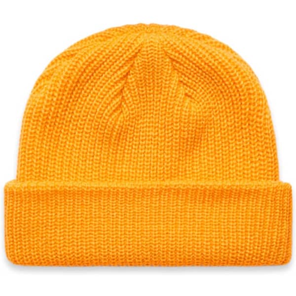 A vibrant yellow knitted beanie with a cuffed design and a textured pattern. It features a logo.