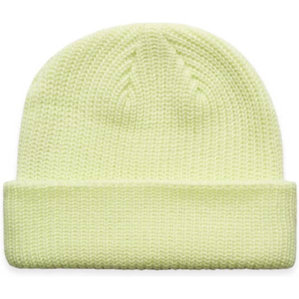 A pale yellow beanie featuring a fold-up brim and a textured knit pattern. It has a logo on the side.