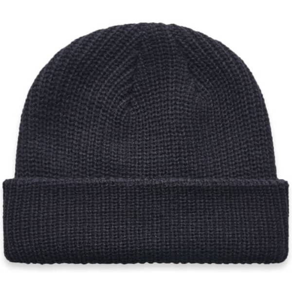 A black Cable Beanie made of textured fabric, featuring a foldable cuff and a logo.