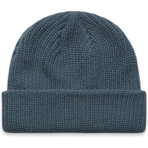 A blue beanie with a textured knit design and a folded cuff. It features a logo on the side.