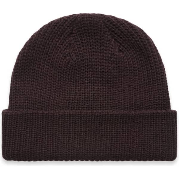 A brown knitted beanie with a turned-up cuff and a logo on the side.