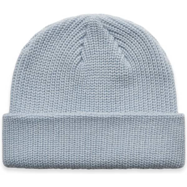 A light blue beanie with a foldable cuff and a textured knit design. Includes a logo.