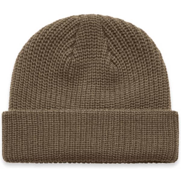 A brown knitted beanie with a folded cuff and a textured design, featuring a logo.