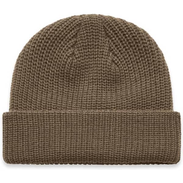 A brown knit beanie featuring a textured pattern and a rolled cuff. It includes a logo on the side.