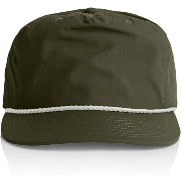 A green cap featuring a white rope detail along the brim. It has a logo on the front.