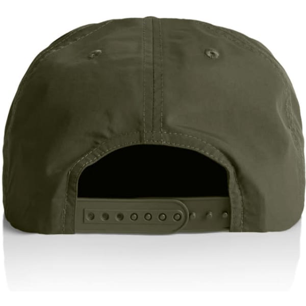 A cap in dark green with a snapback closure and ventilation holes at the back. It features a logo.