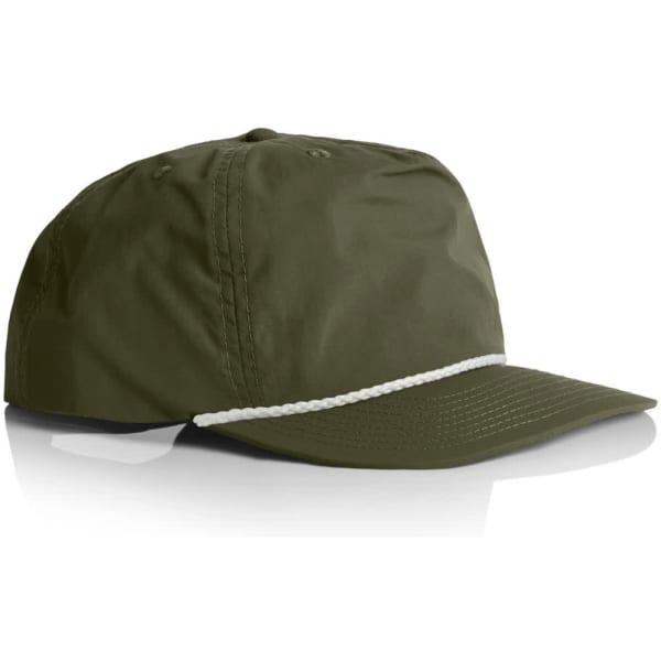 A rugged olive-green cap featuring a braided white rope detail and a curved peak, also includes a logo.