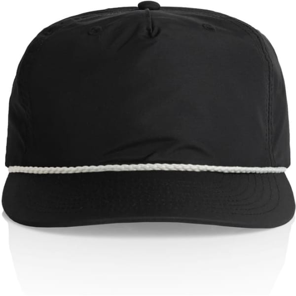 A black cap featuring a white rope detail along the brim and a logo on the front.
