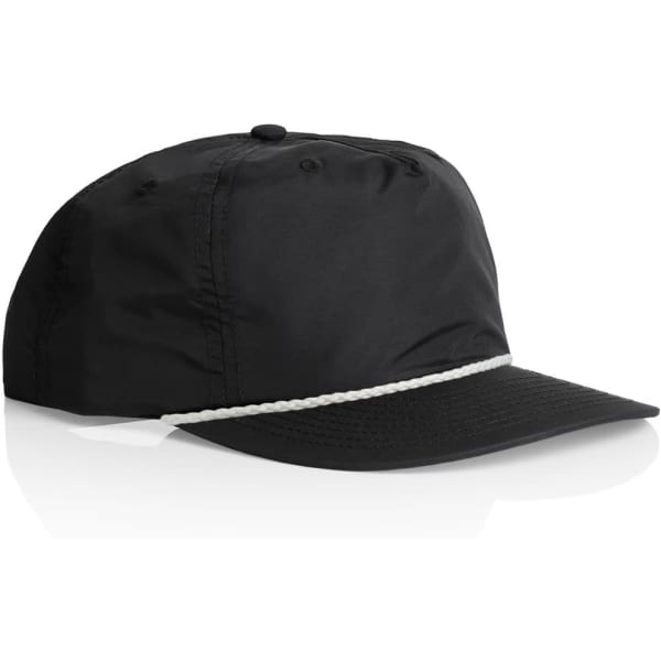 A black cap featuring a white rope across the front, designed for promotional use, with a logo present.