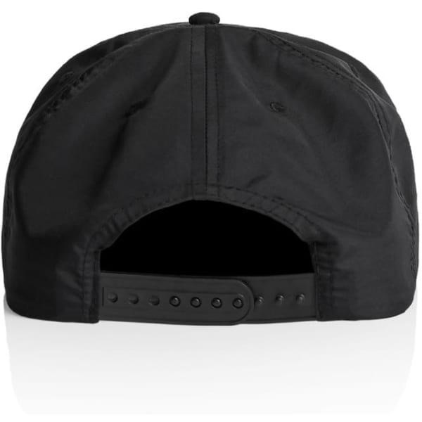 A black cap featuring a strap at the back and a logo on the side.