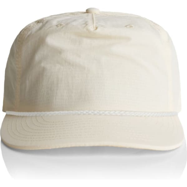 A cap in a light cream colour featuring a front brim and an attached logo.