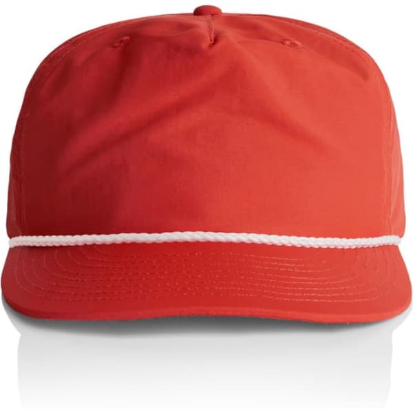 A red cap with a white rope detail along the brim, featuring a logo on the front.